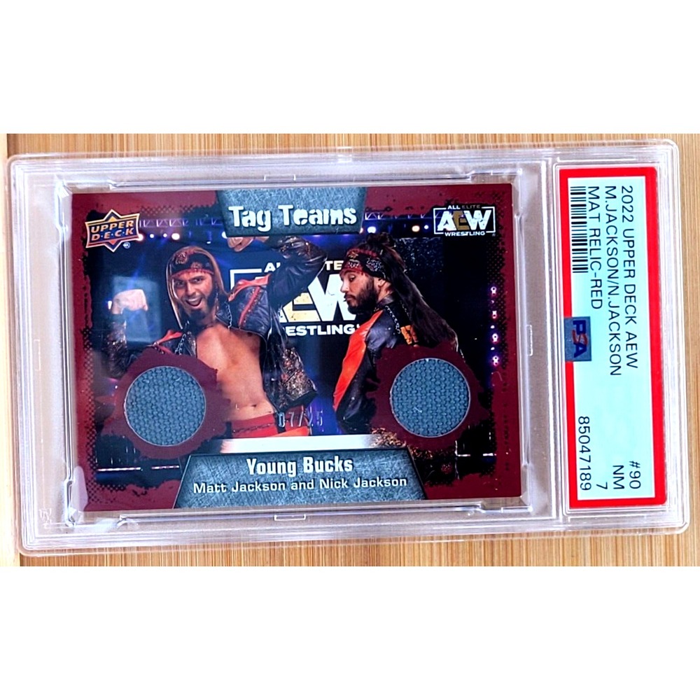 2021 UPPER DECK AEW THE YOUNG BUCKS #D/25 MAT RELIC RED‎ PSA 7